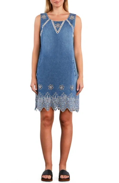 Wash Lab Denim Alison Eyelet Cotton & Linen Denim Shift Dress In Blue