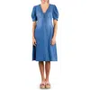Wash Lab Denim Blossom Puff Sleeve Denim Dress In Blue