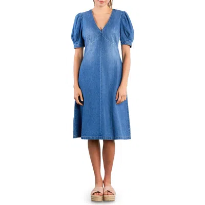 Wash Lab Denim Blossom Puff Sleeve Denim Dress In Blue