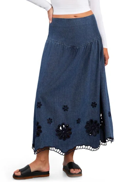 Wash Lab Denim Camellia Floral Cutout Denim Maxi Skirt In Blue