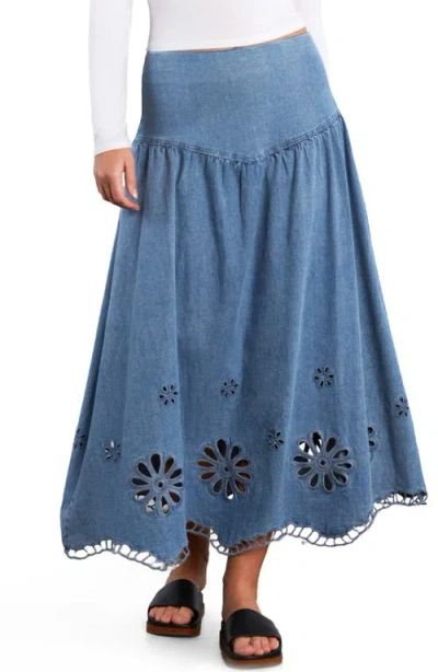 Wash Lab Denim Camellia Floral Cutout Denim Maxi Skirt In Blue