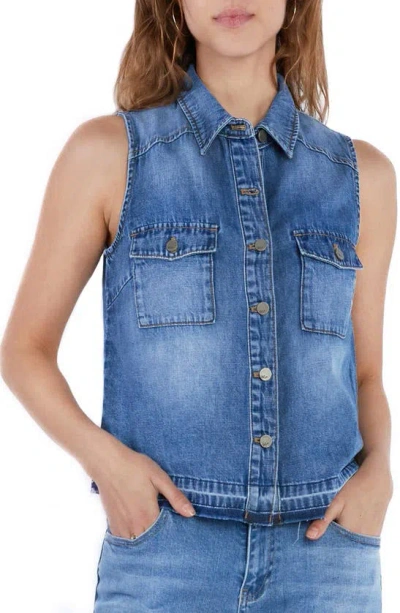 Wash Lab Denim Clara Sleeveless Denim Button-up Shirt In Post Blue