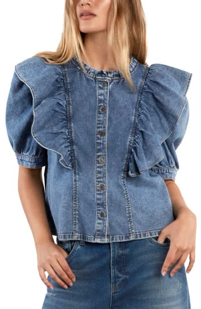 Wash Lab Denim Daydream Ruffle Denim Shirt In Relaxed Blue