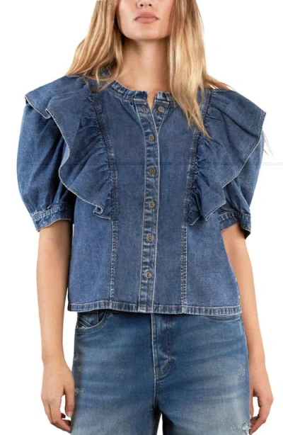 Wash Lab Denim Daydream Ruffle Denim Shirt In Shine Blue