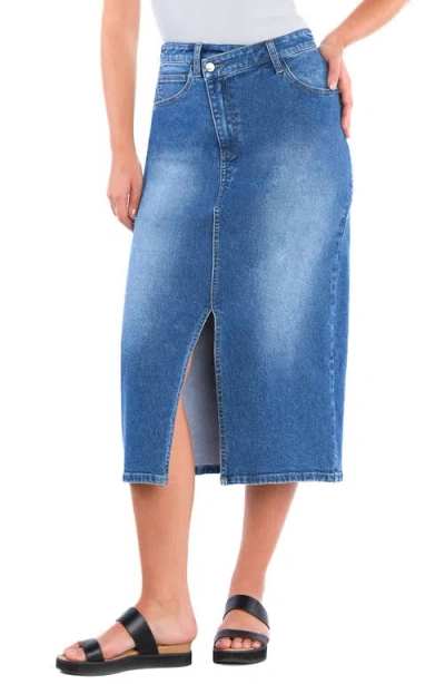 Wash Lab Denim Emmeline Crossover Waist Denim Midi Skirt In Cross Blue