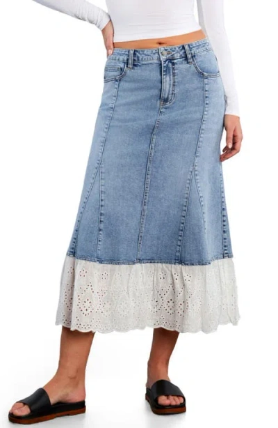 Wash Lab Denim Empress Eyelet Trim Denim Maxi Skirt In Blue