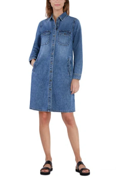 Wash Lab Denim Fetching Long Sleeve Denim Shirtdress In Trace Blue