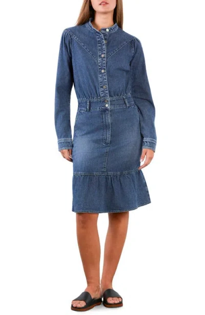 Wash Lab Denim For A Stroll Ruffle Hem Long Sleeve Denim Dress In Blue