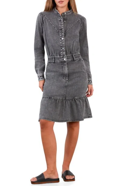Wash Lab Denim For A Stroll Ruffle Hem Long Sleeve Denim Dress In Gray