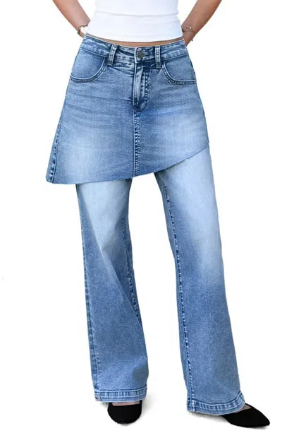 Wash Lab Denim Layered Skirt Wide Leg Jeans In Blue