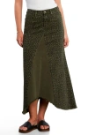 Wash Lab Denim Leopard Print Pieced Denim Midi Skirt In Green
