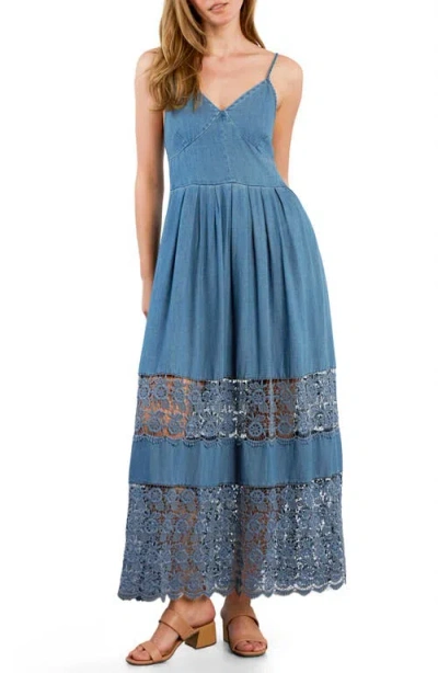 Wash Lab Denim Light Veil Lace Inset Midi Dress In Denim Dusk