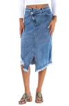 Wash Lab Denim Loaded Crossover Waistband Raw Hem Midi Denim Skirt In Loaded Blue