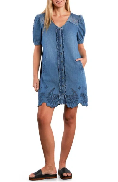 Wash Lab Denim Lovelace Puff Sleeve Denim Minidress In Blue
