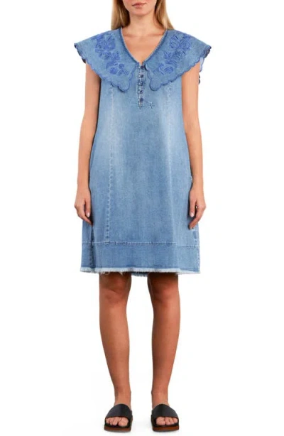 Wash Lab Denim Luna Embroidered Collar Denim Dress In Blue