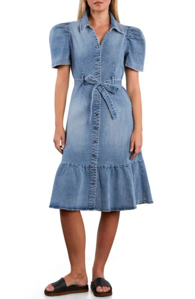 Wash Lab Denim Muse Belted Puff Sleeve Denim Midi Shirtdress In Blue