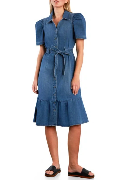 Wash Lab Denim Muse Belted Puff Sleeve Denim Midi Shirtdress In Blue