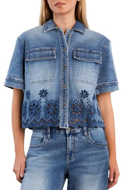 Wash Lab Denim Petal Eyelet Denim Button-up Shirt In Blue