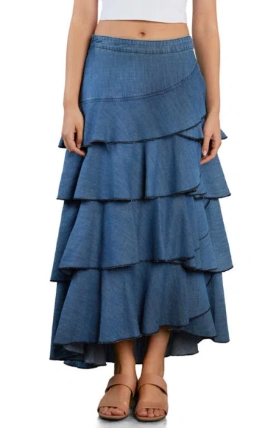 Wash Lab Denim Petal Tiered Denim Maxi Skirt In Blue