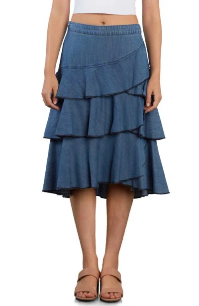 Wash Lab Denim Petal Tiered Denim Midi Skirt In Blue