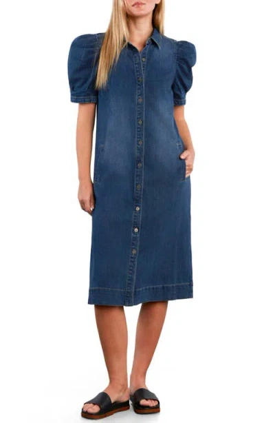 Wash Lab Denim Puff Sleeve Stretch Denim Midi Dress In Blue