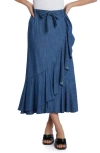 WASH LAB DENIM WASH LAB DENIM RUFFLE FAUX WRAP DENIM MIDI SKIRT