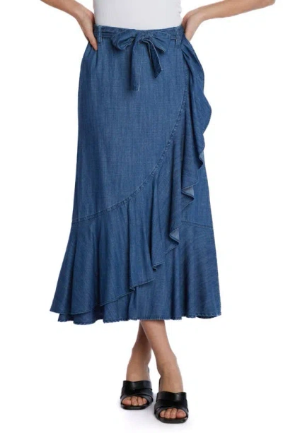 Wash Lab Denim Ruffle Faux Wrap Denim Midi Skirt In Deep Sea Blue