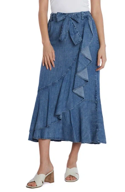 Wash Lab Denim Ruffle Faux Wrap Denim Midi Skirt In Tide Blue