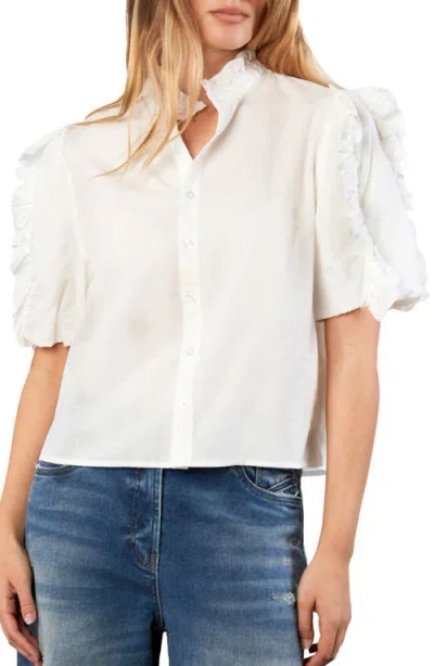 Wash Lab Denim Ruffle Trim Cotton Button-up Top In White