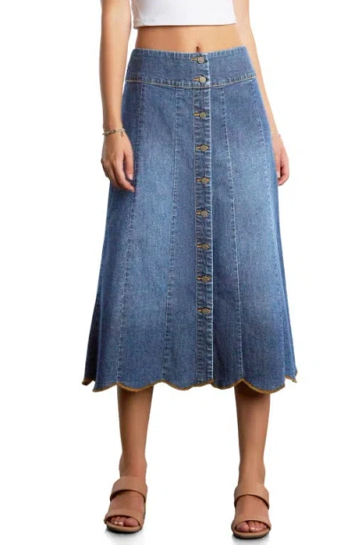 Wash Lab Denim Scallop Denim Midi Skirt In Blue