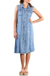 Wash Lab Denim Seamed Sleeveless Denim Midi Shirtdress In Blue