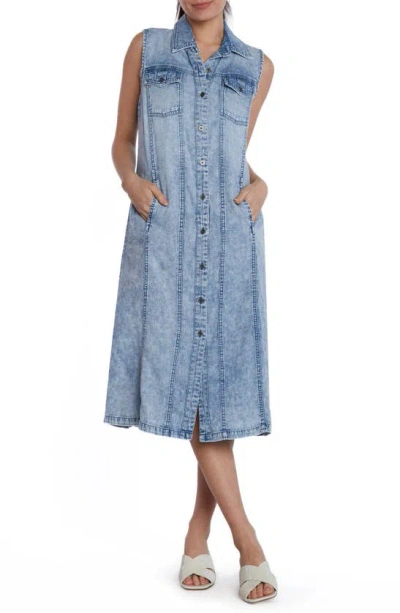 Wash Lab Denim Seamed Sleeveless Denim Midi Shirtdress In River Blue