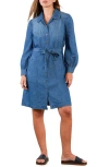 Wash Lab Denim Sweet Fade Tie Waist Denim Shirtdress In Blue