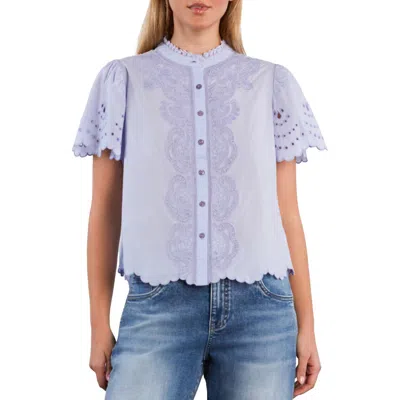 Wash Lab Denim Sweet Lace Trim Cotton Blend Top In Blue