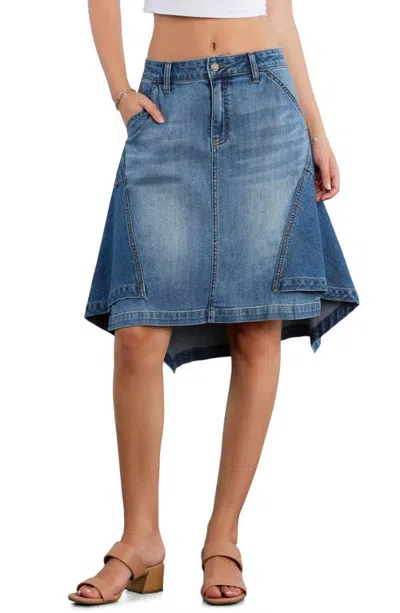 Wash Lab Denim The Austin Asymmetric Hem Pieced Denim Midi Skirt In Blue