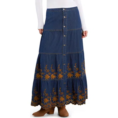 Wash Lab Denim Tiered Eyelet Denim Midi Skirt In Blue