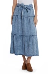 Wash Lab Denim Tiered Tie Belt Denim Maxi Skirt In Clear Blue