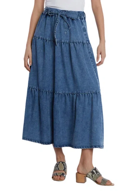 Wash Lab Denim Tiered Tie Belt Denim Maxi Skirt In Hilo Blue