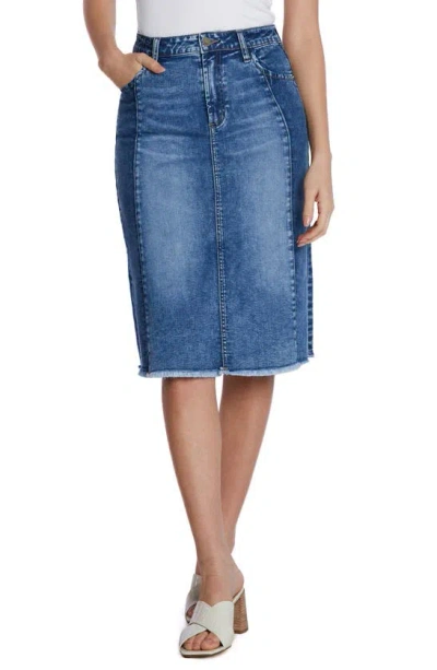 Wash Lab Denim Two-tone Raw Hem Denim Skirt In Compass Blue Combo