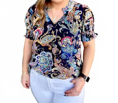 Washco Paisley Short Sleeve Blouse In Blue Multi