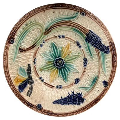 Pre-owned Wasmuel Majolica 19th Century Majolica Flowers & Butterfly Plate Wasmuel In Brown