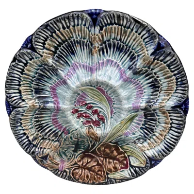 Pre-owned Wasmuel Majolica 19th Century Majolica Oyster Plate, Blue Floral Design, Belgium