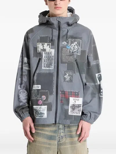 Wasted M Taunt Patchwork-print Hooded Windbreaker In Gray