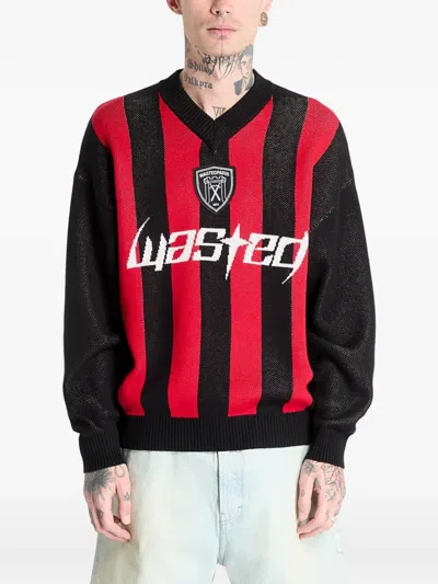 Wasted Striped Logo-intarsia Sweater In Black