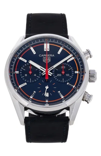Watchfinder & Co. Tag Heuer  2025 Carrera Automatic Chronograph Leather Strap Watch, 42mm In Blue