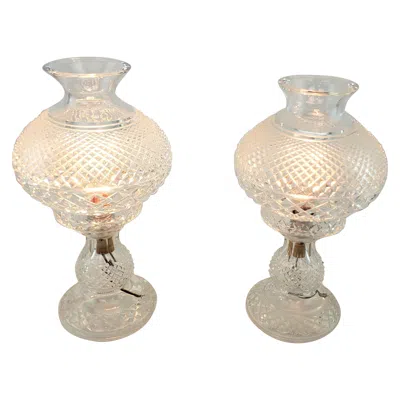 Pre-owned Waterford Crystal Pair Of Antique  Alana Inishmaan Hurricane Table Lamps In Sand