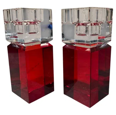 Pre-owned Waterford Crystal Pair Of Crystal Candle Holders Emerald Crystal Co, Waterford Ireland In Green