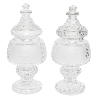 Pre-owned Waterford Crystal Waterford Cut Crystal Horse Racing Trophy Covered Apothecary Jars Trophy Pair In Transparent