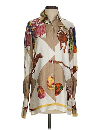 Pre-owned Wathne Long Sleeve Silk Top Brown Print Pattern Collared Neckline Tops