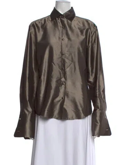 Pre-owned Wathne Silk Long Sleeve Button-up Top In Brown